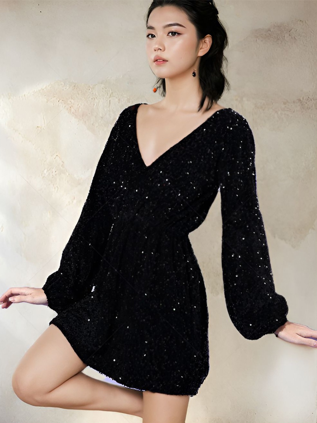 

HERSHEINBOX Embellished Bell Sleeve A-Line Dress, Black