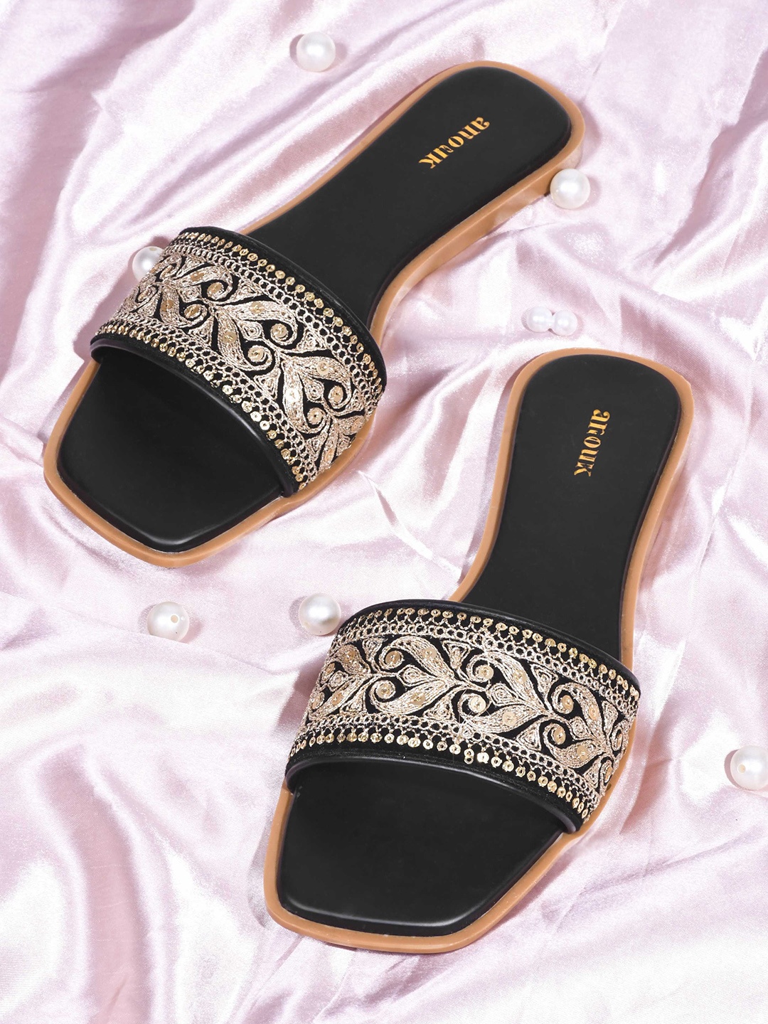 

Anouk Women Embroidered Open Toe Flats, Black