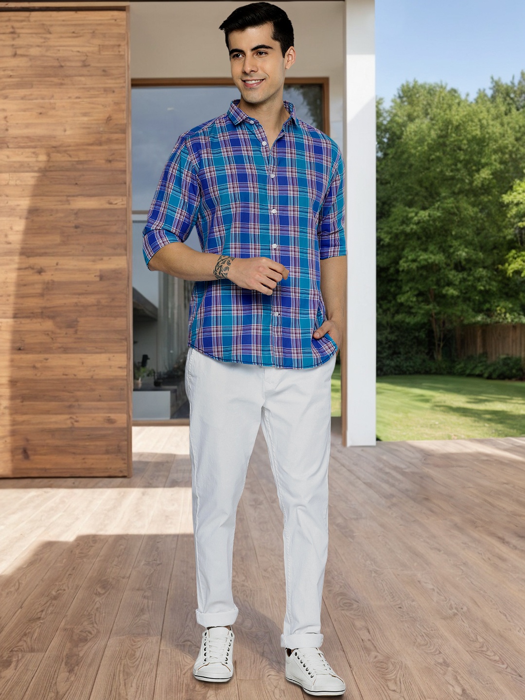 

Mast & Harbour Men Blue And Violet Slim Fit Checked Pure Cotton Casual Shirt