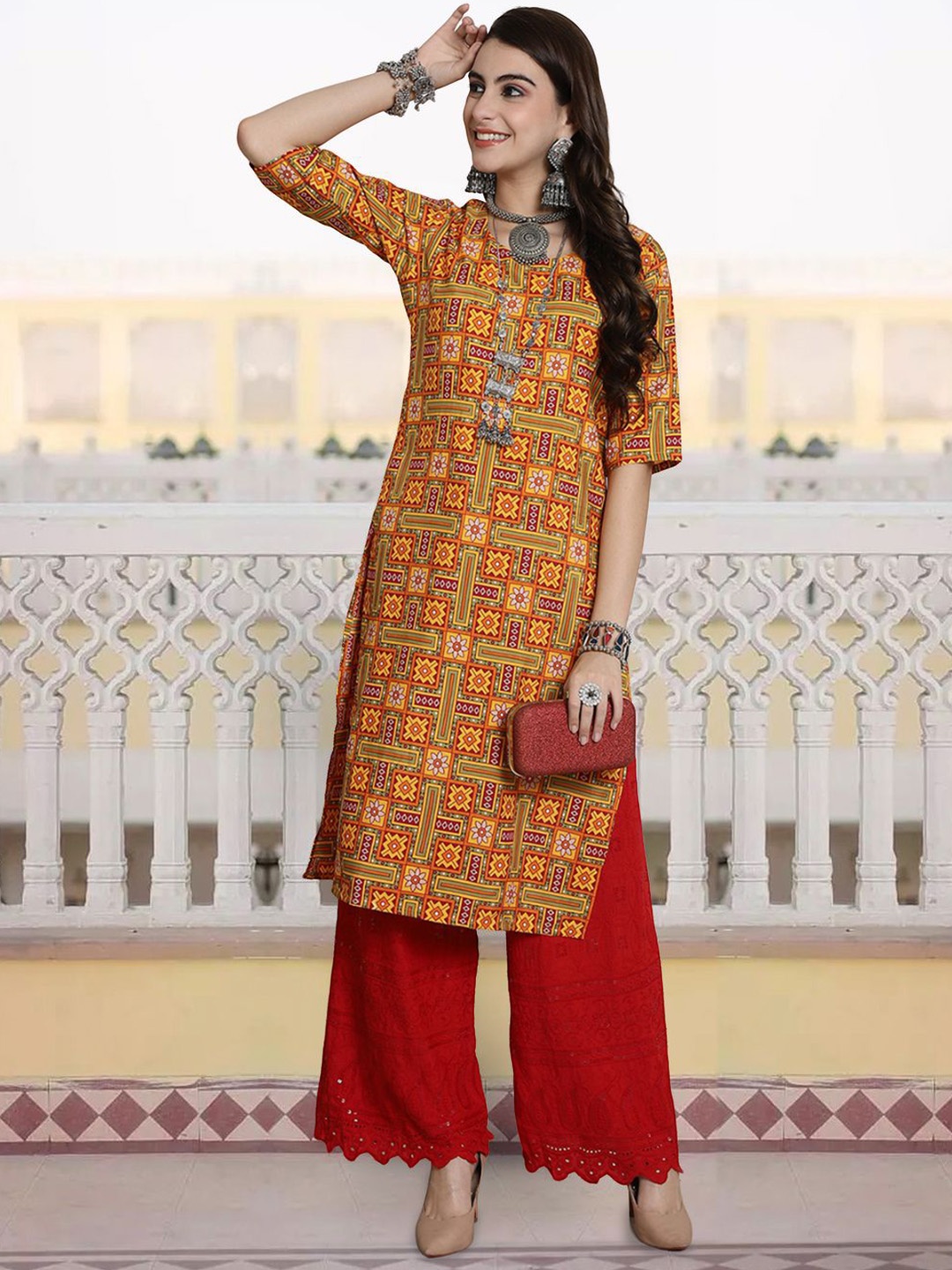 

7Threads Women Ethnic Motifs Checked Keyhole Neck Sequinned Floral Crepe Kurta, Multi