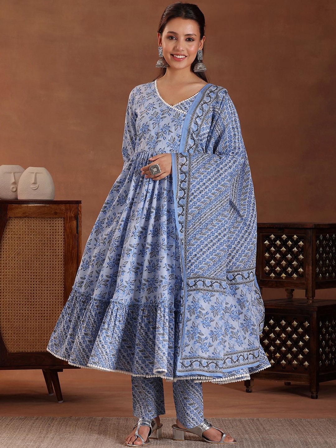 

Libas Floral Printed Angrakha Pure Cotton Anarkali Kurta with Trousers & Dupatta, Blue