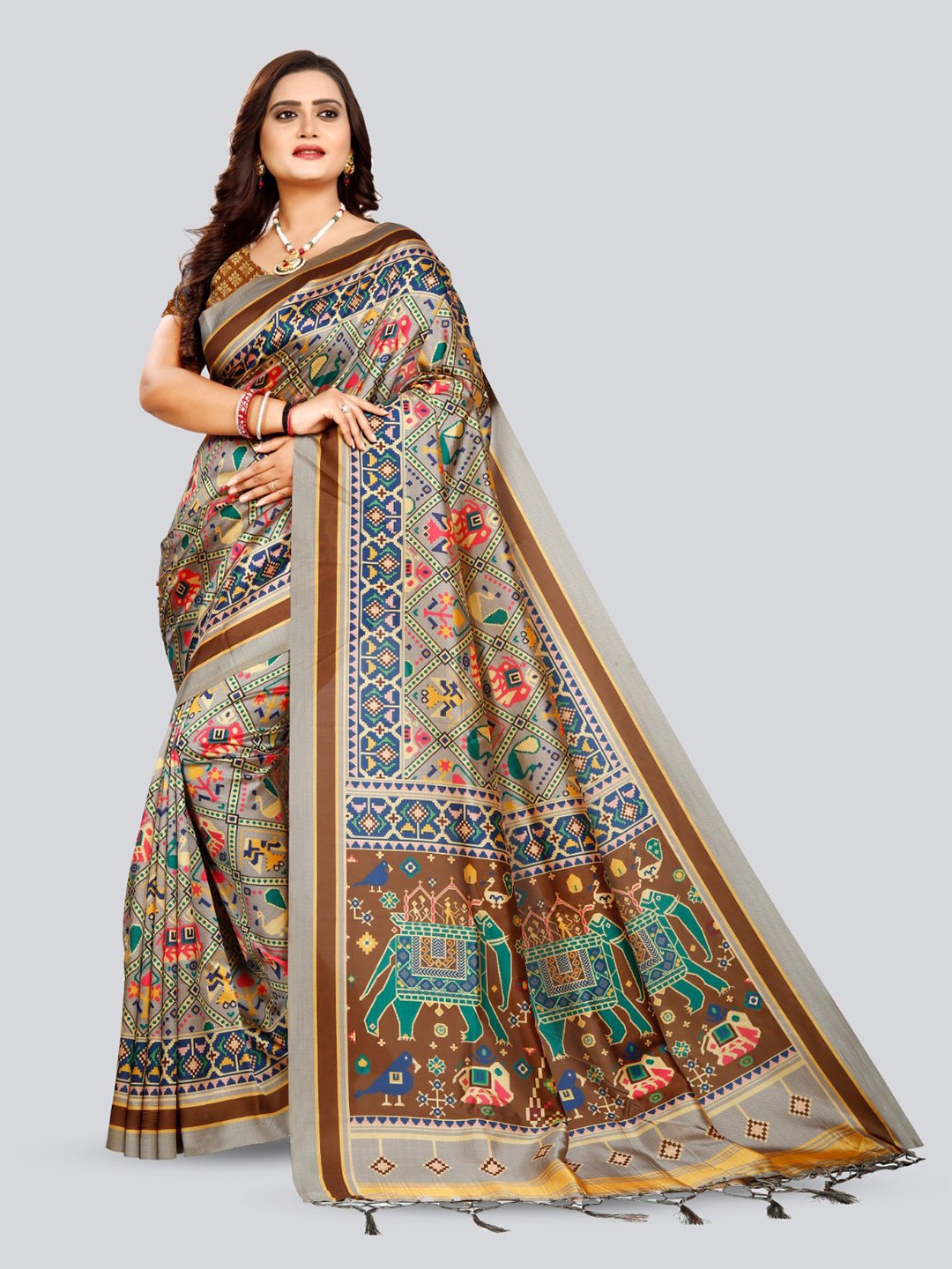 

Kaizen TEXO FAB Ethnic Motifs Patola Saree, Grey