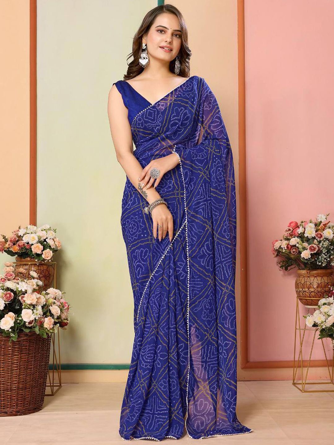 

Mitera Women Bandhani Printed Pure Georgette Ready to Wear Bandhani Saree, Blue