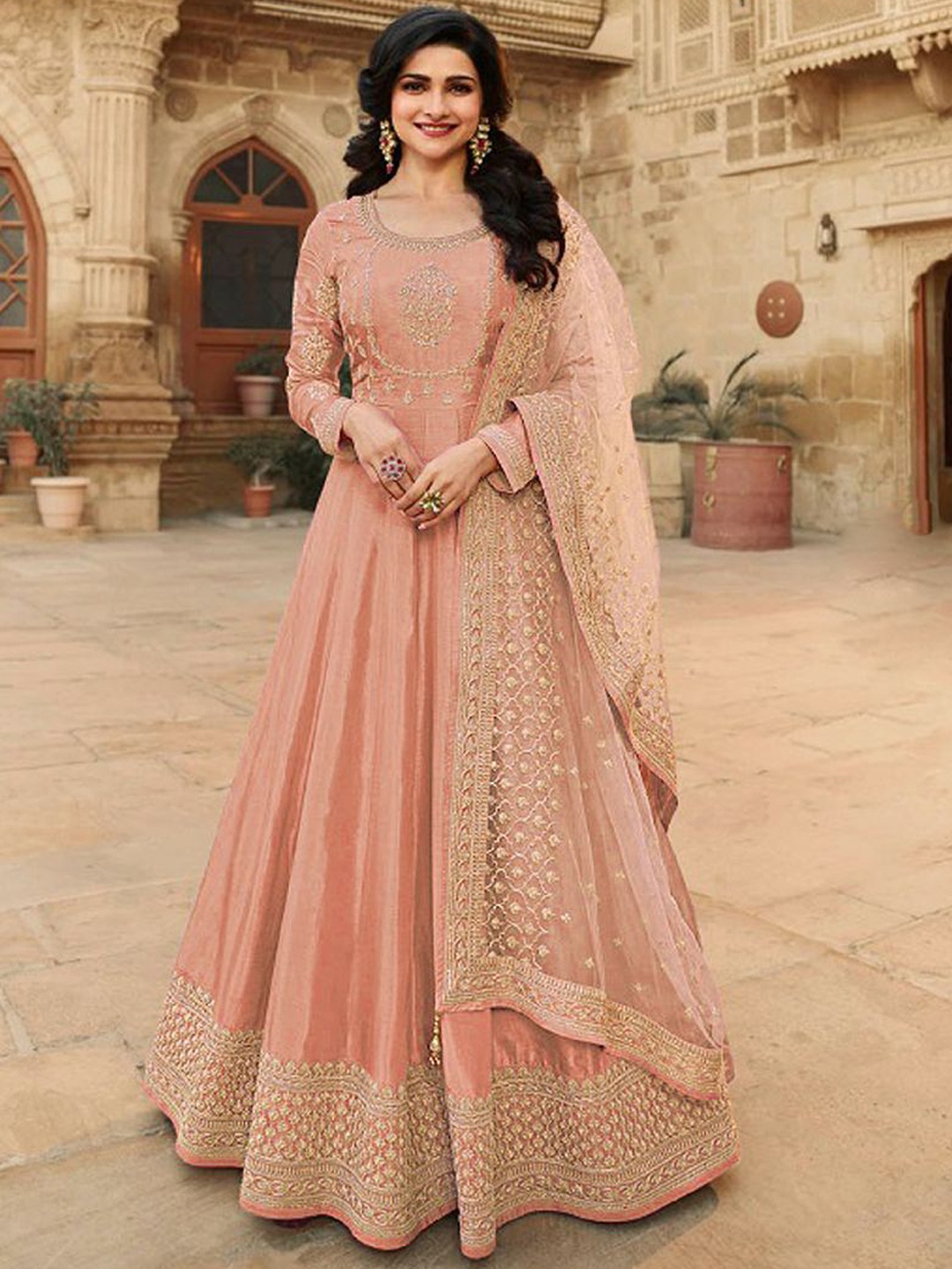 

ASISA Embroidered Pure Silk Semi-Stitched Dress Material, Peach