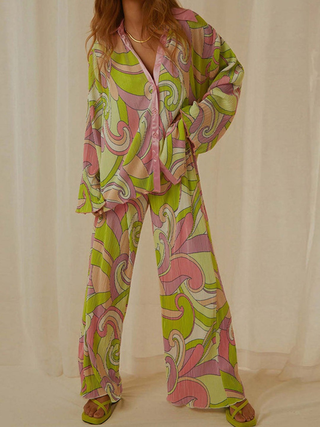 

LULU & SKY Floral Printed Shirt Collar Shirt With Palazzos Co-Ords, Green