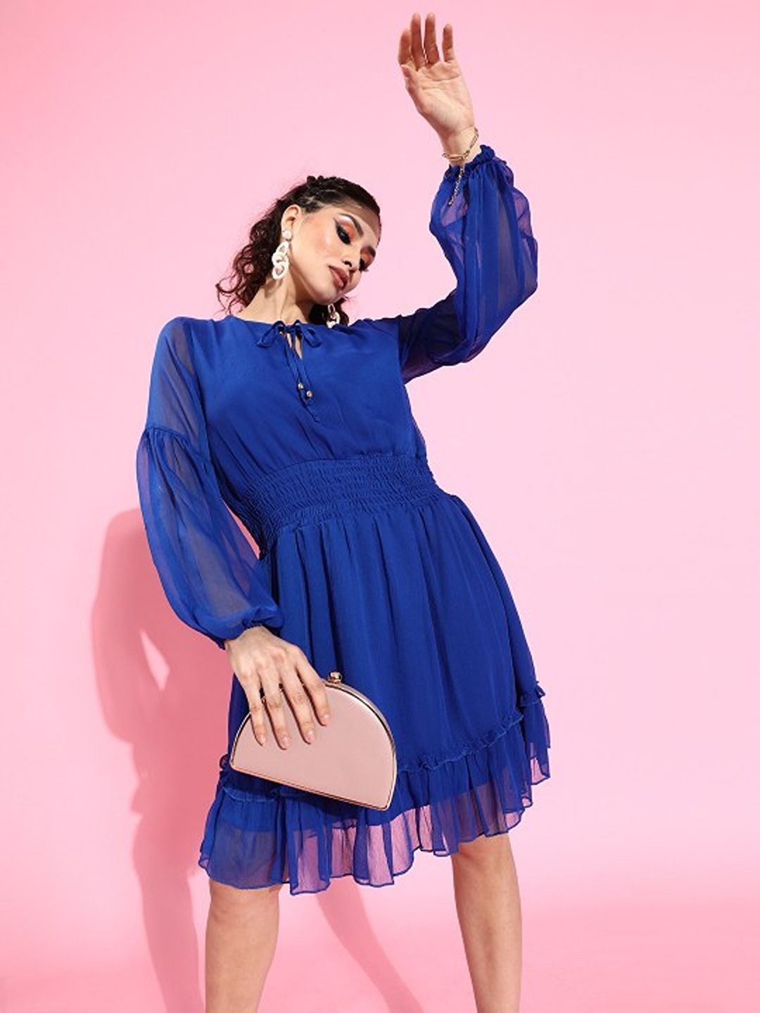 

Sera Tie-Up Neck Cuffed Sleeves Fit & Flare Dress, Blue