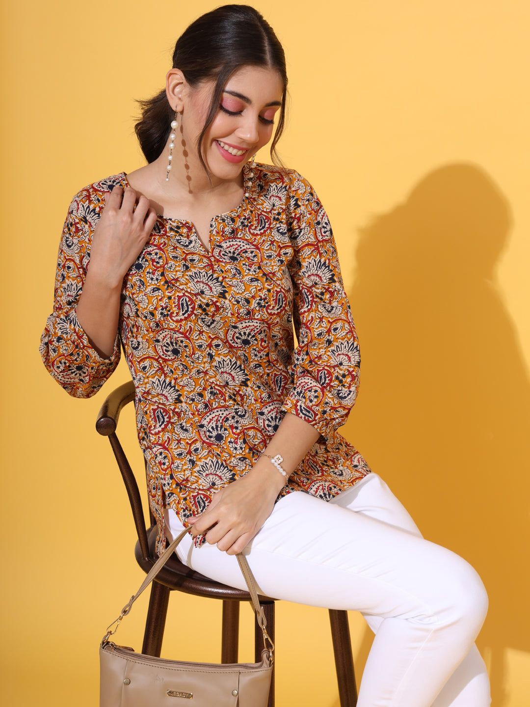 

KALINI Floral Print Cotton Top, Mustard