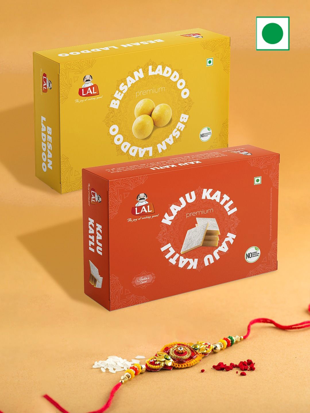 

LAL Set of 3 Rakhi With Sweets Gifts, Red