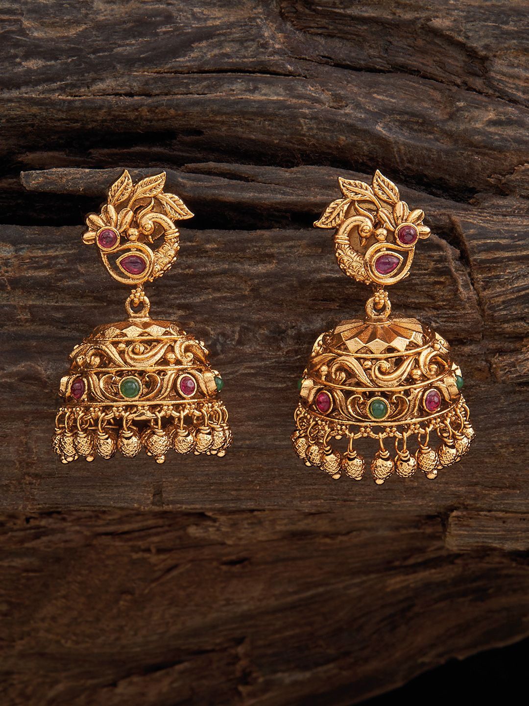 

Kushal's Fashion Jewellery Ruby-Green Gold-Plated Dome Shaped Antique Jhumkas Earrings, Red