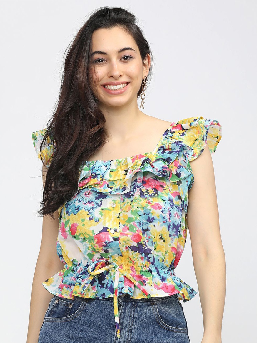 

Tokyo Talkies Floral Print Flutter Sleeve Cinched Waist Top, Blue