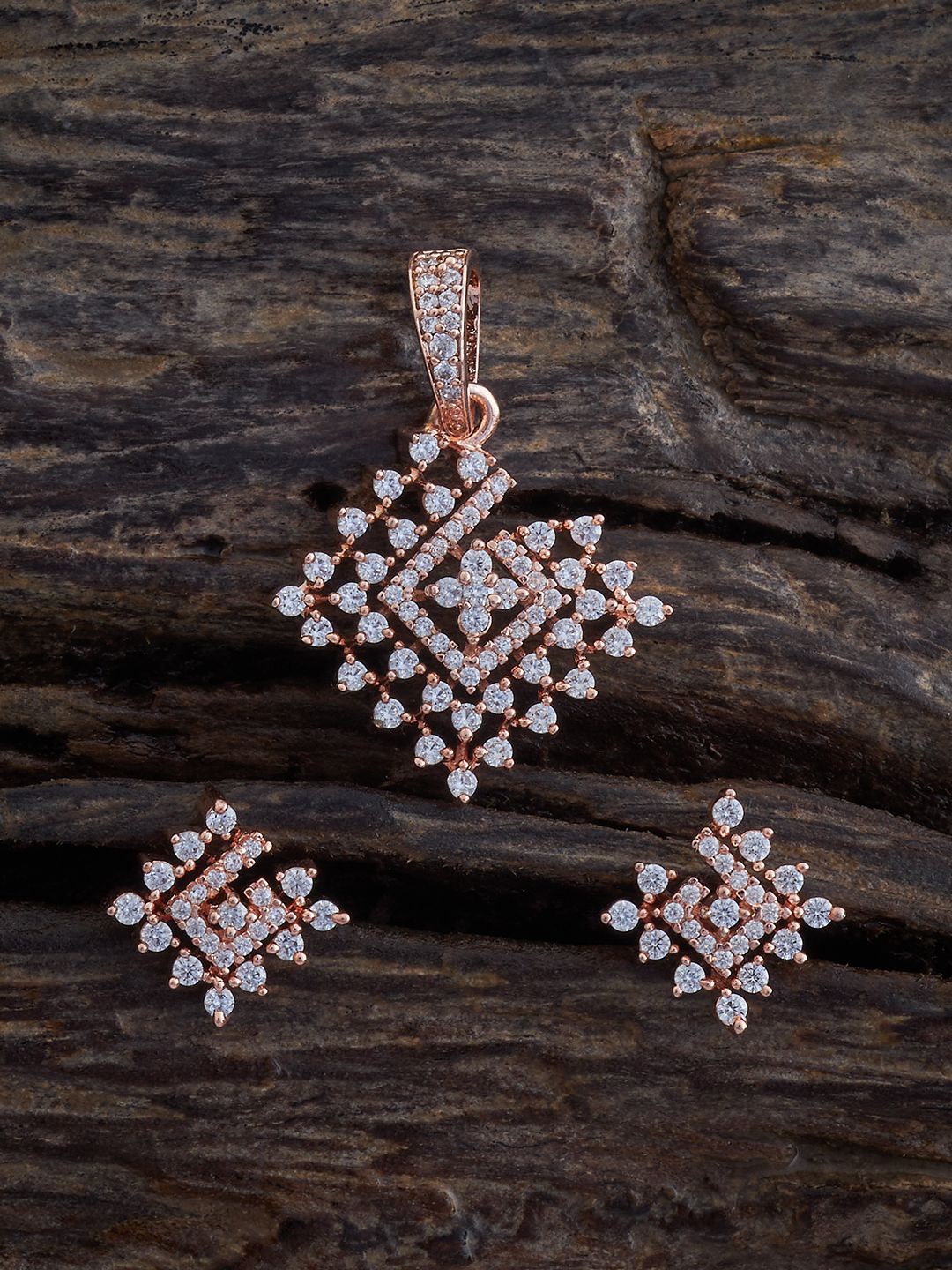 

Kushal's Fashion Jewellery Rose Gold-Plated CZ Stone-Studded Pendant and Earrings