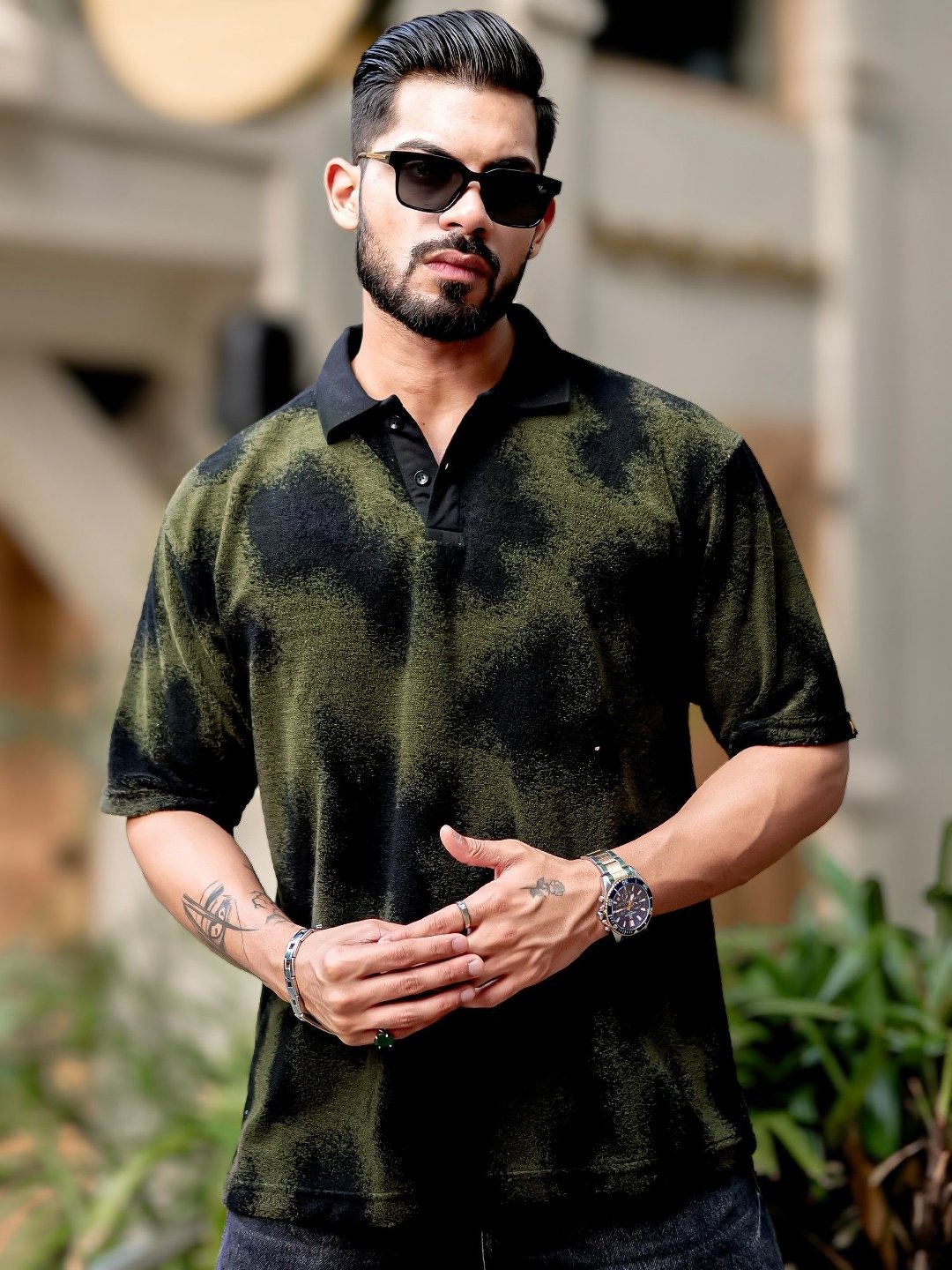 

Maniac Men Dyed Polo Collar Cotton Oversized T-Shirt, Green