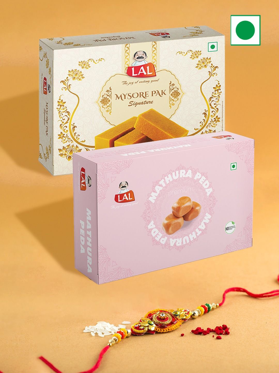 

LAL Rakhi With Mysore Pak & Mathura Peda Gift Set, Red