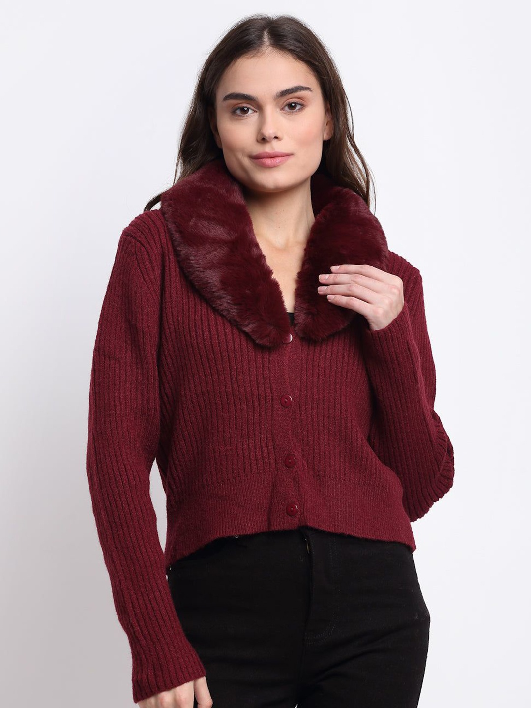 

Global Republic Women Ribbed Crop Cardigan, Maroon