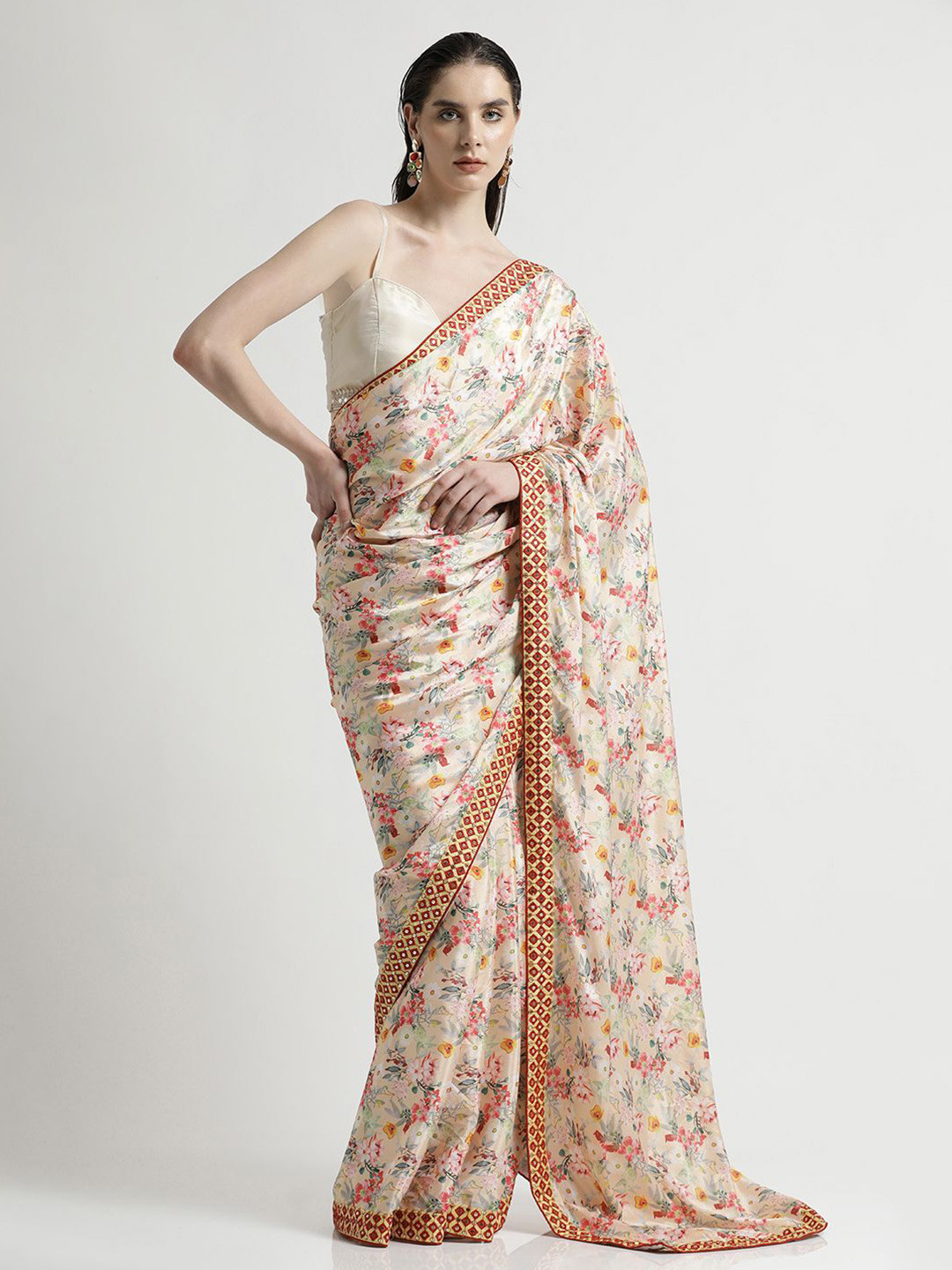 

Jaipur Kurti Floral Printed Mirror Work Satin Saree, Cream