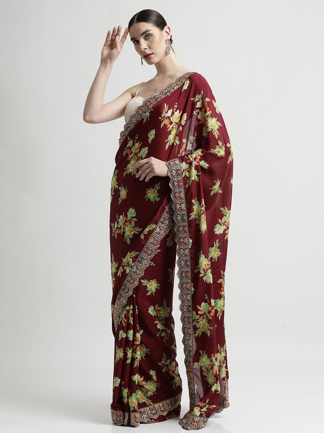 

Jaipur Kurti Floral Embroidered party wear Satin Saree, Maroon