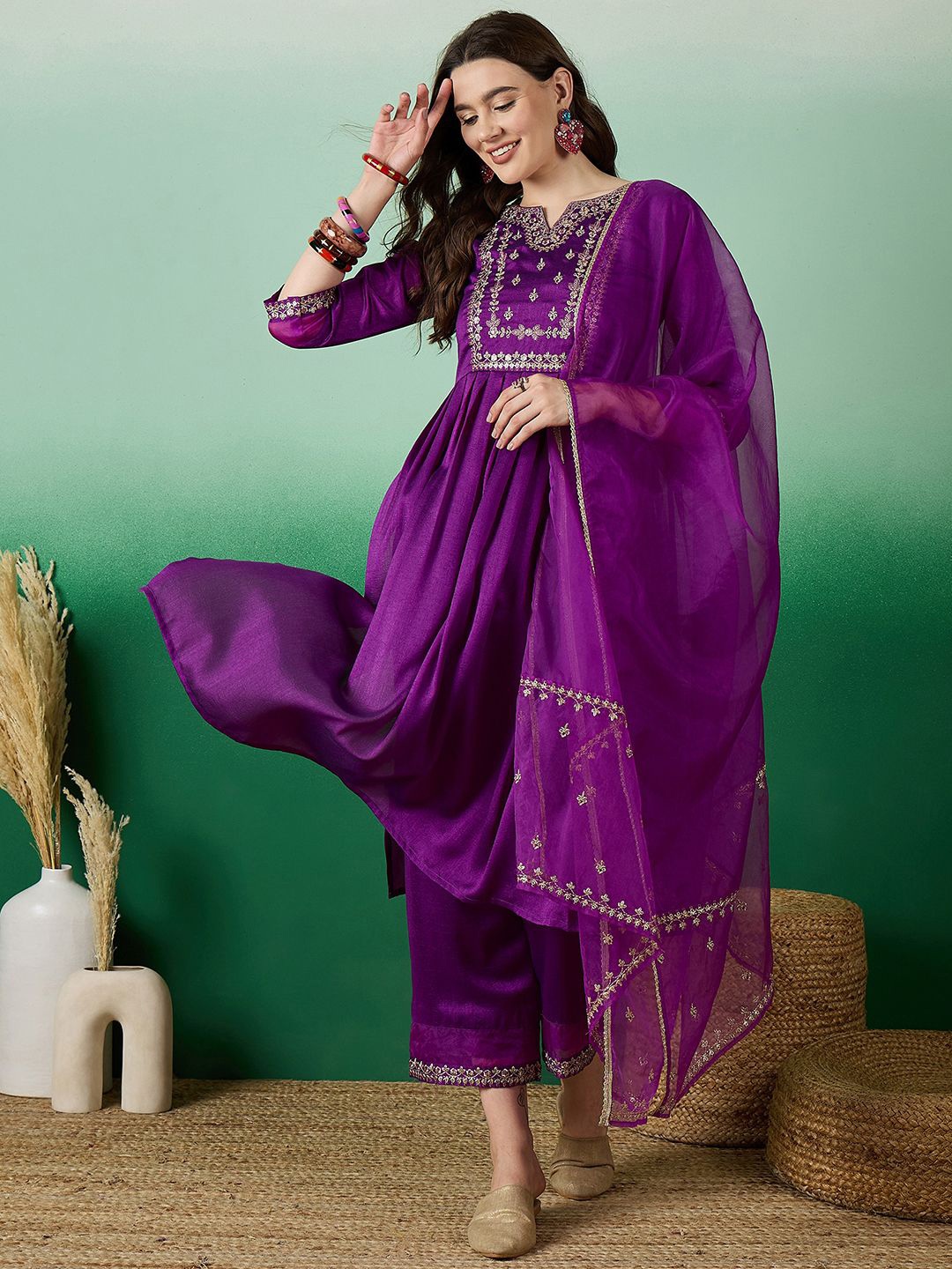 

Sangria Embroidered With Zari Sequence Kurta & Palazzo With Dupatta, Purple