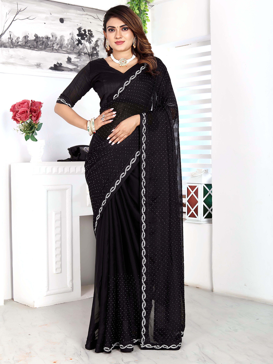 

FEBO FASHION Embellished Beads and Stones Satin Heavy Work Maheshwari Saree, Black