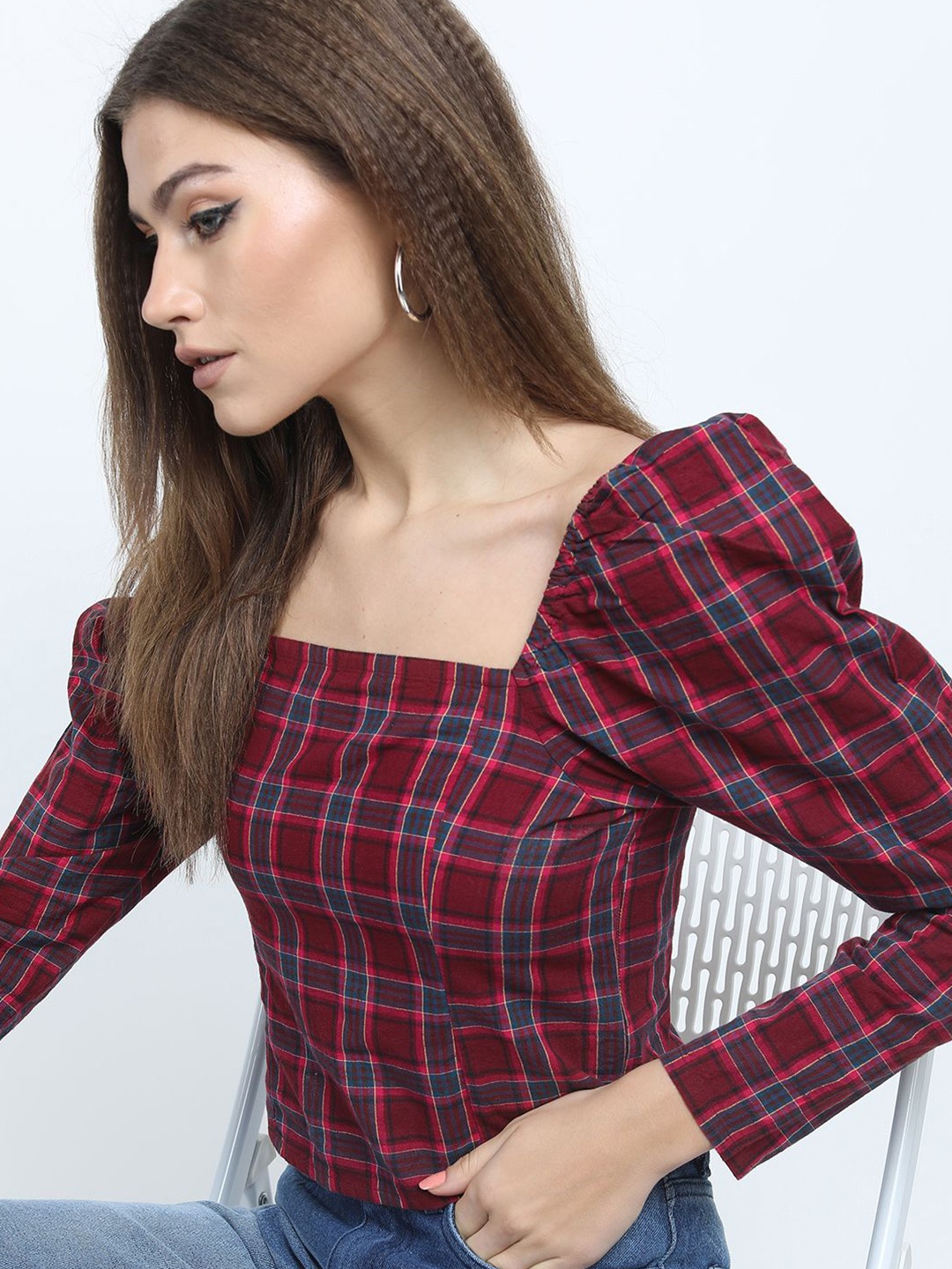 

Tokyo Talkies Checked Cotton Top, Maroon