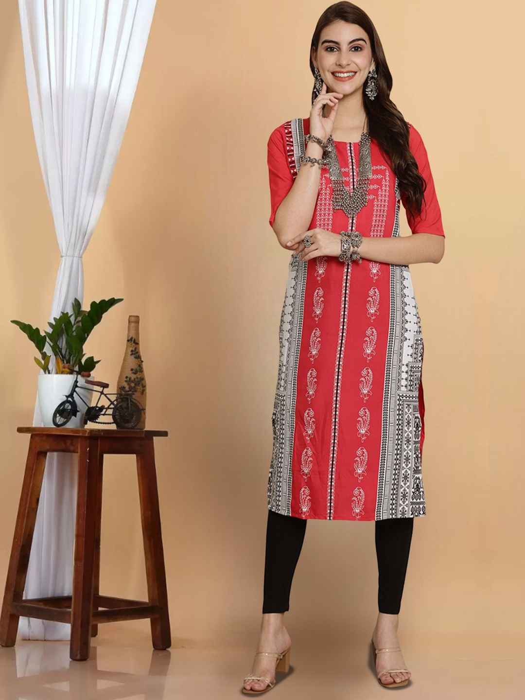 

7Threads Women Flared Sleeves Thread Work Floral Crepe Kurta, Multi
