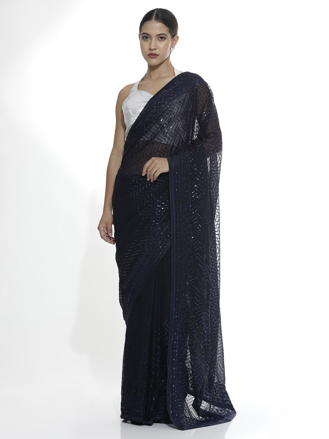 

Jaipur Kurti Embellished Sequinned Pure Georgette Saree, Blue