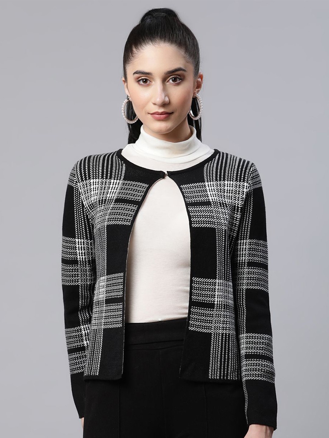 

Global Republic Women Checked Cardigan with Fuzzy Detail, Black