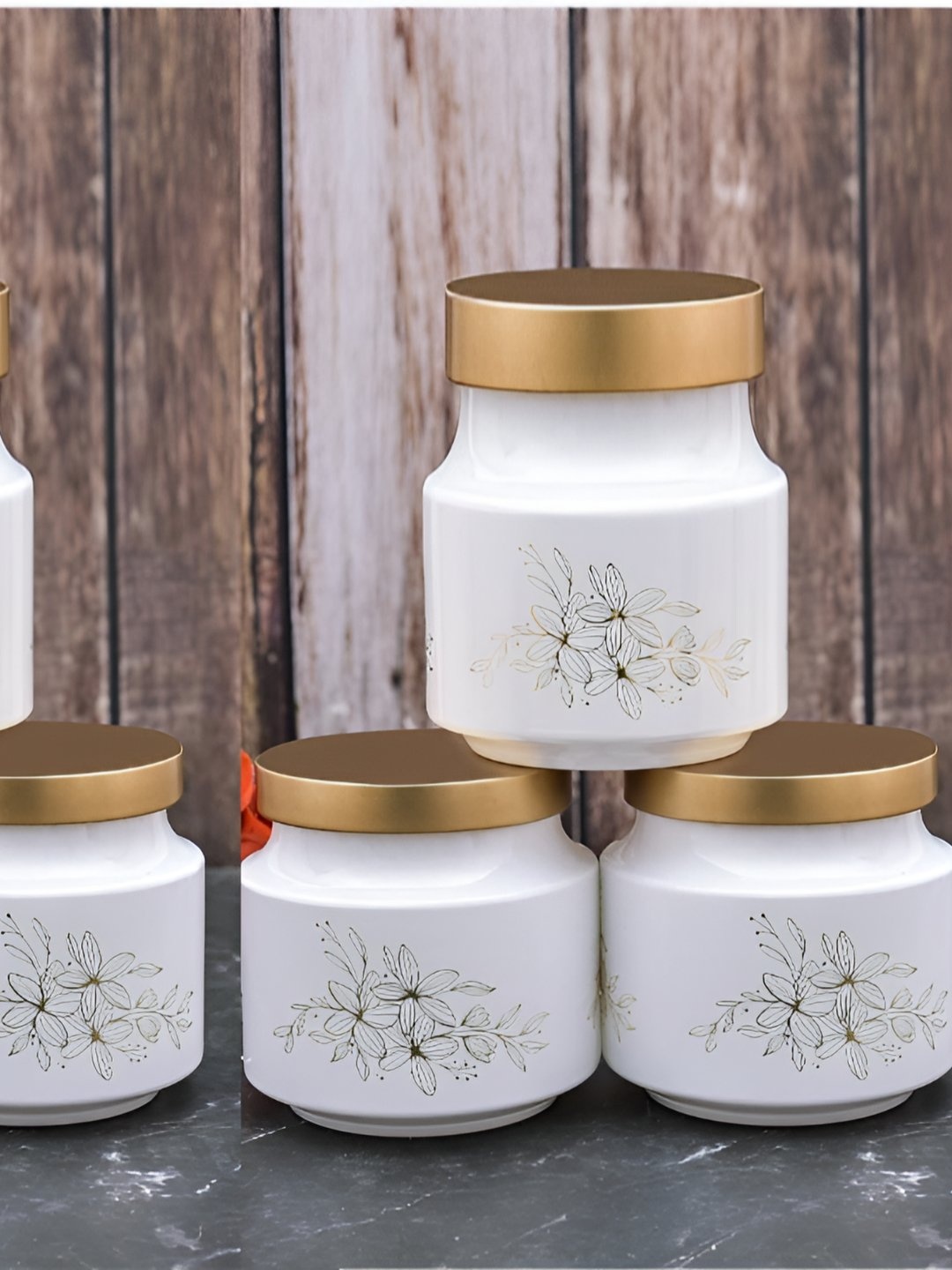 

CROCO JAR White & Gold Toned 6 Pieces Printed Storage Glass Containers 600 ml Each