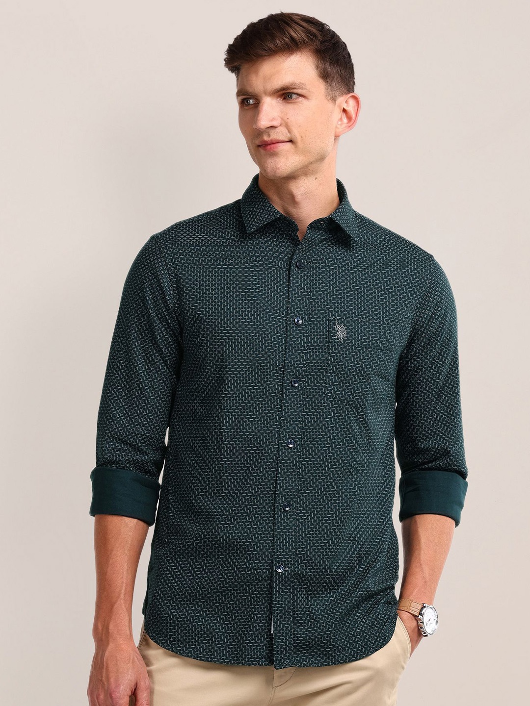 

U.S. Polo Assn. Men Classic Opaque Printed Casual Shirt, Green