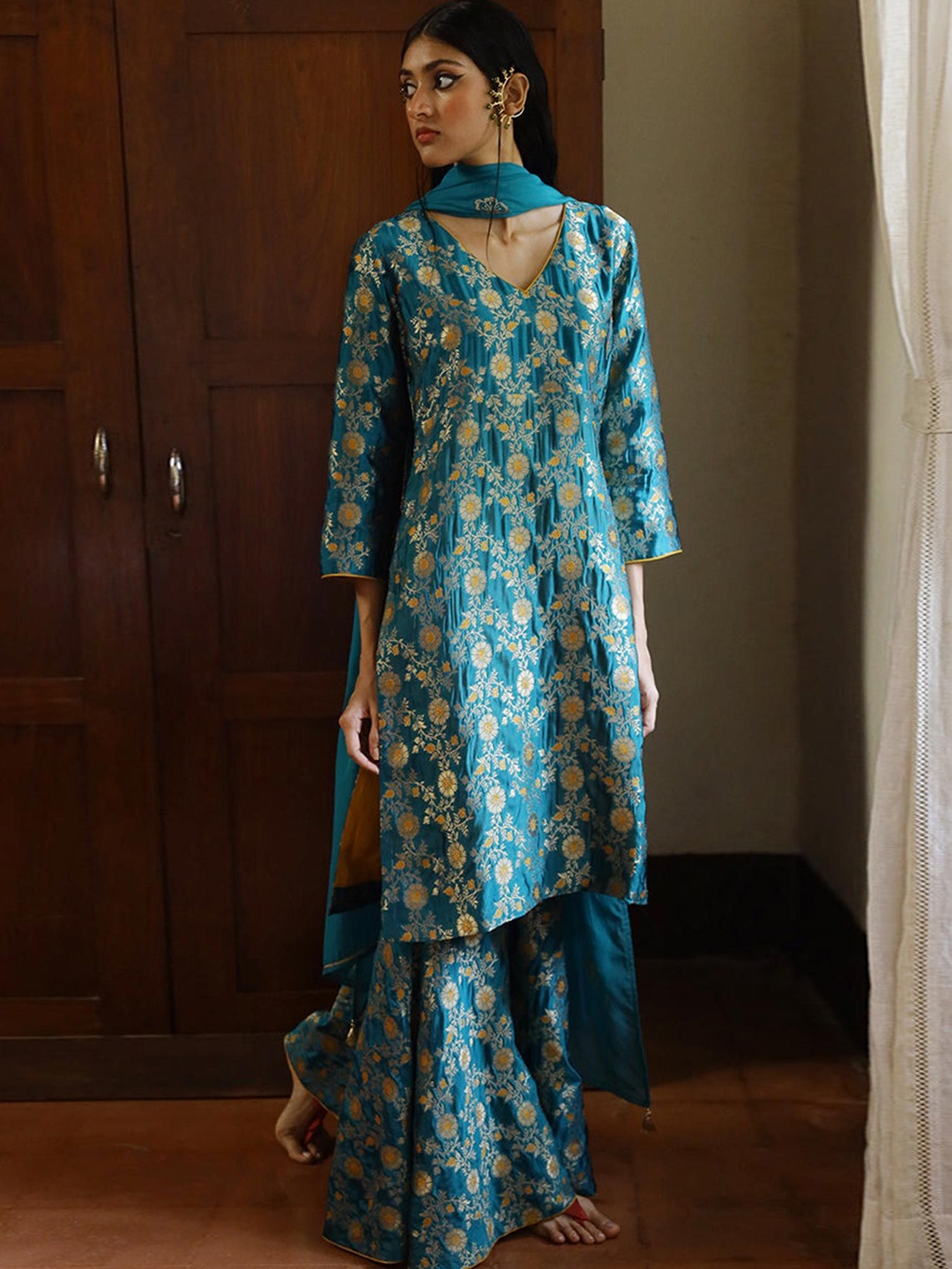 

Ganga Women Regular Raw Silk Kurta with Sharara & With Dupatta, Blue