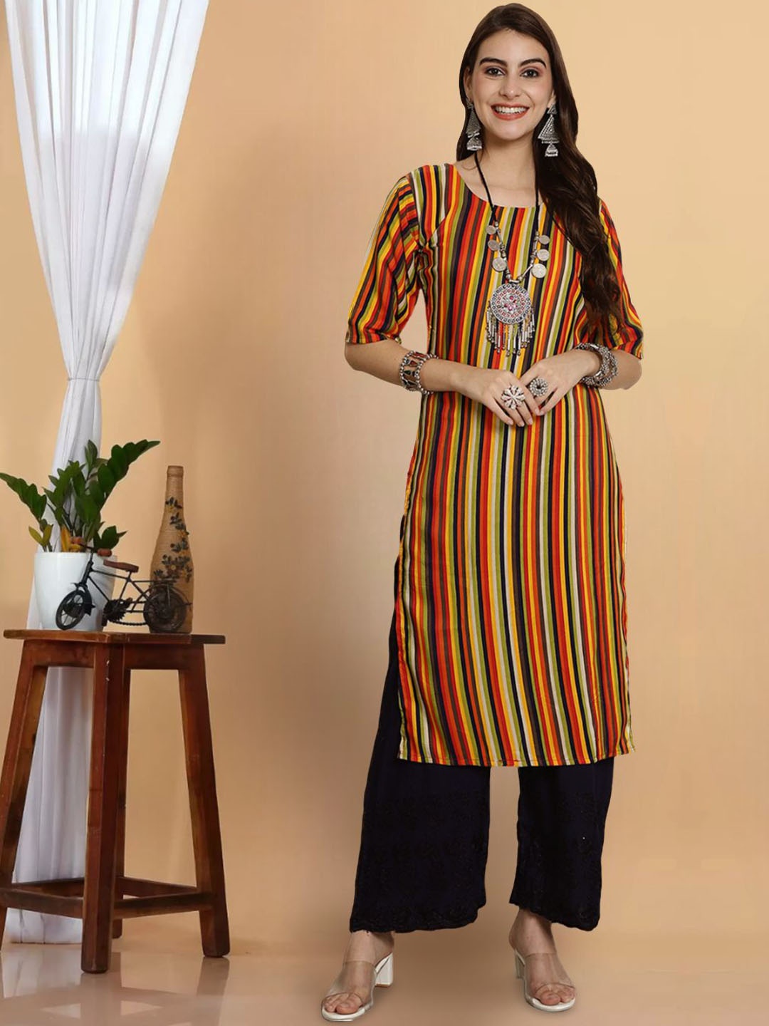

7Threads Women Striped Thread Work Floral Crepe Anarkali Kurta, Multi