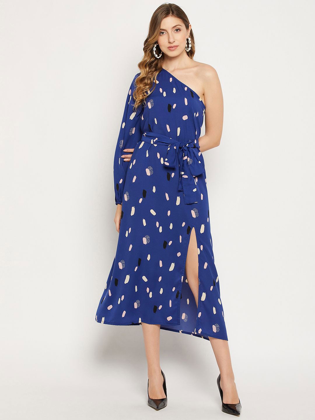 

Murcia Printed Puff Sleeve Crepe Fit & Flare Midi Dress, Blue