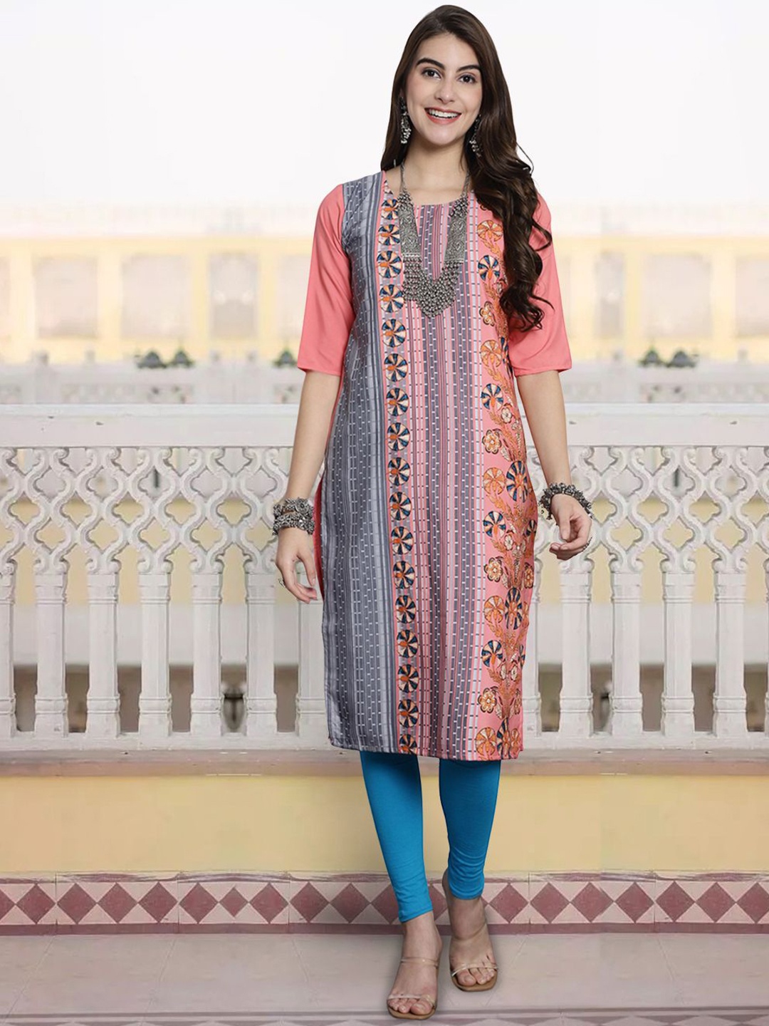 

7Threads Women Geometric Printed Mirror Work Floral Crepe Kurta, Multi