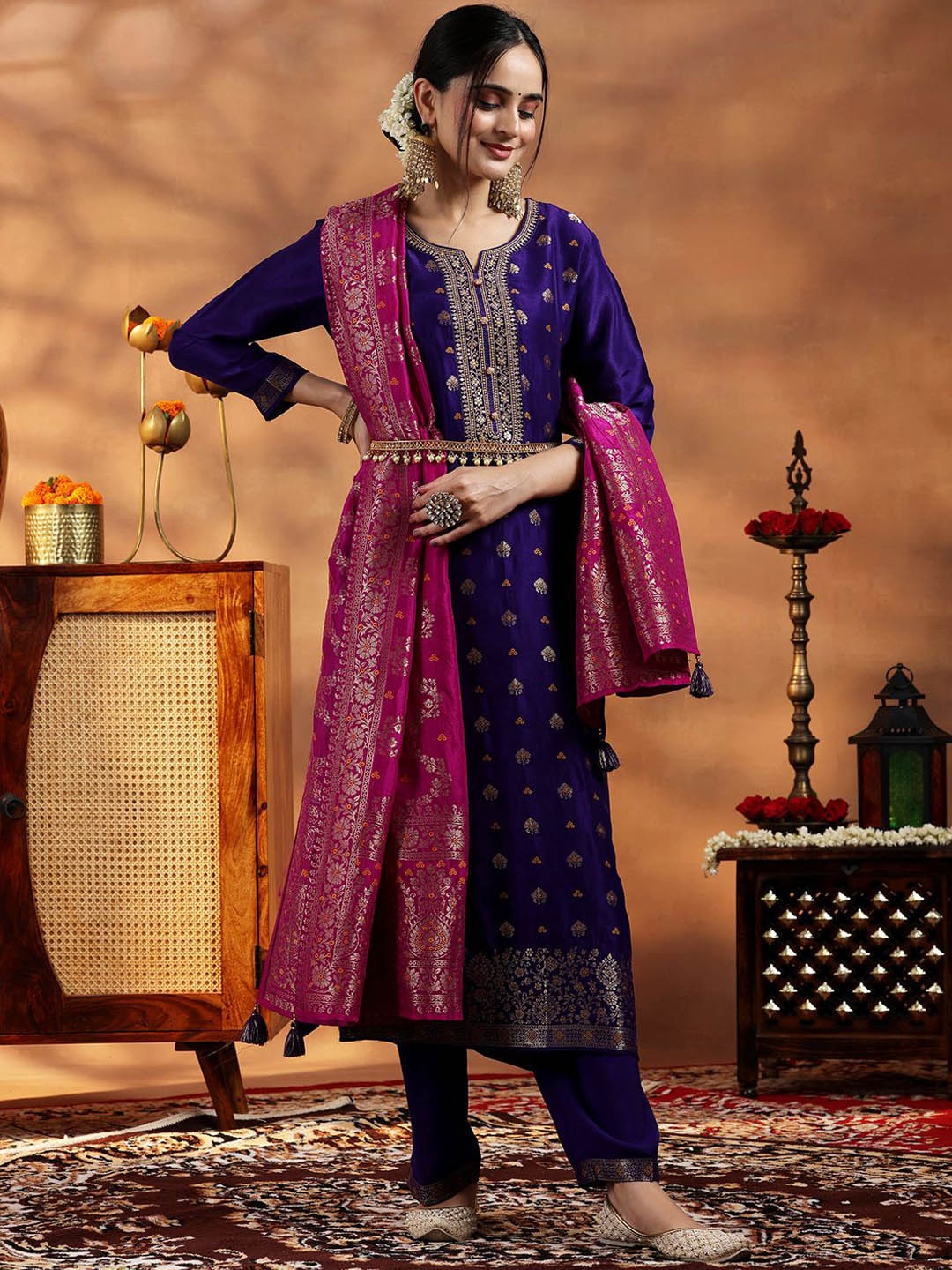 

Libas Floral Embroidered Zari Notch Neck A Line Kurta with Trousers & Dupatta, Purple