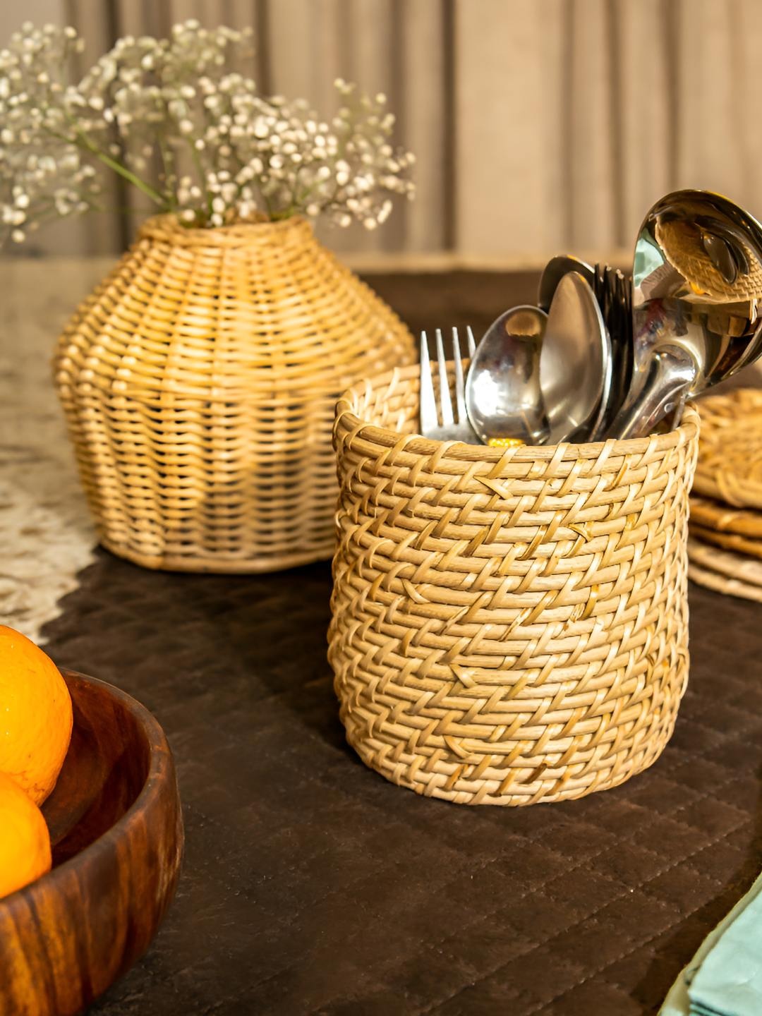 

AJAARA Beige Textured Rattan Cutlery Holder
