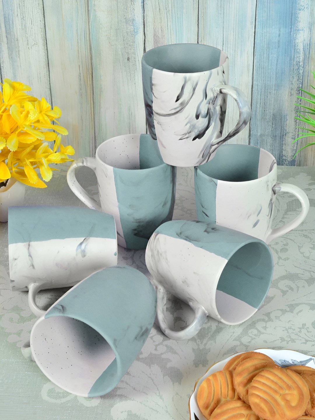 

FABINALIV Set of 6 Turquoise Blue & White Striped Handcrafted Ceramics Matte Mugs