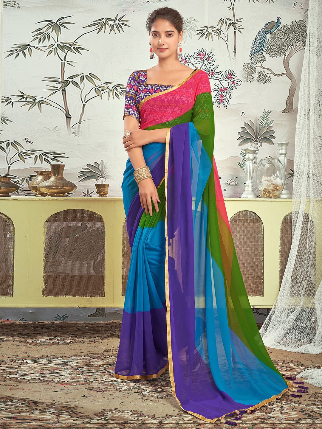 

Satrani Colourblocked Partywear Pure Georgette Ready to Wear Saree with Zari Border, Blue