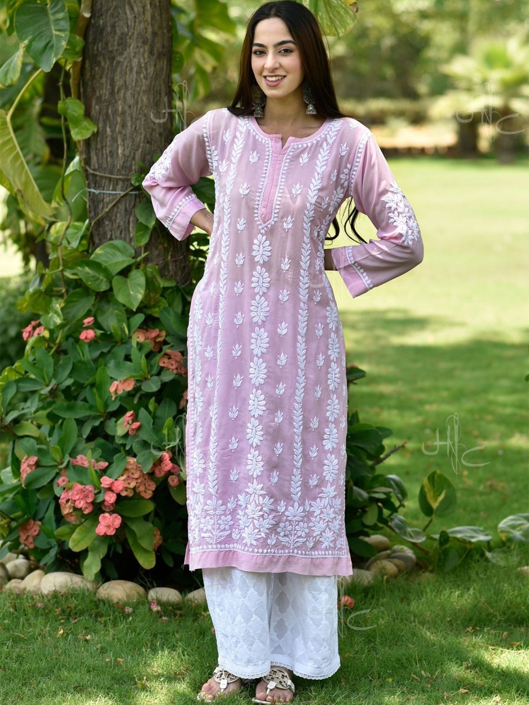 

House of Chikankari Chikankari Woven Kurta, Pink