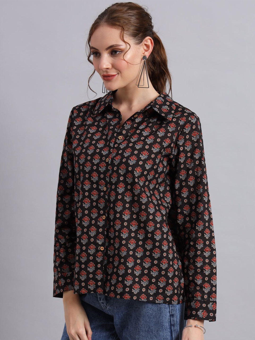 

KALINI Floral Print One Shoulder Bell Sleeve Cotton Top, Black