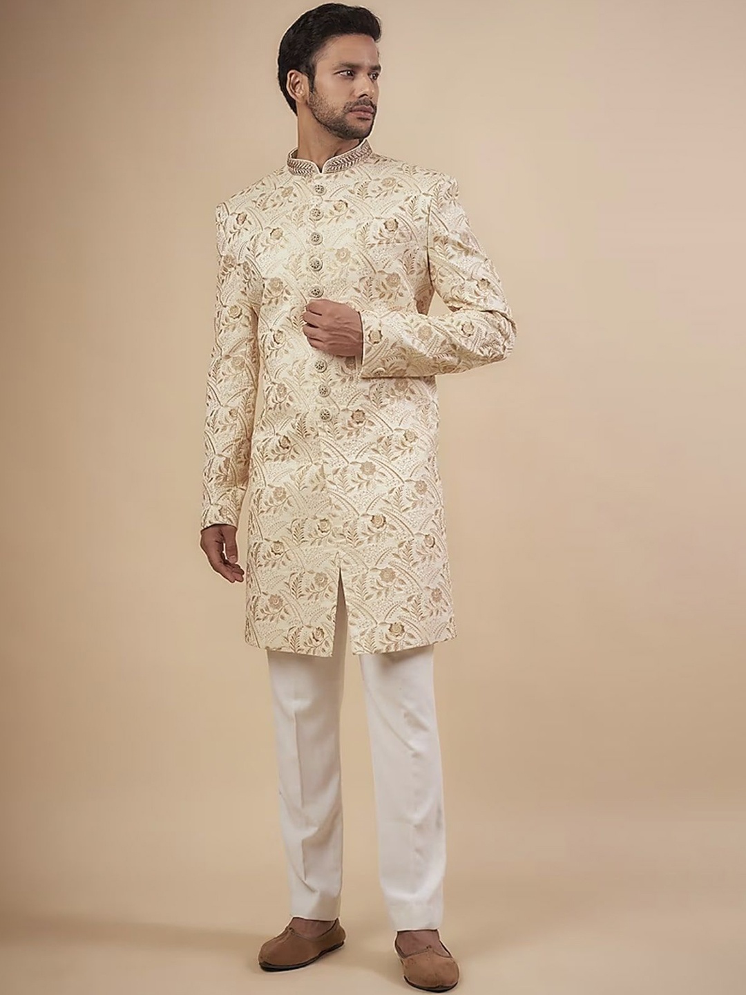

sven suits Embroidered Sherwani Set, Beige