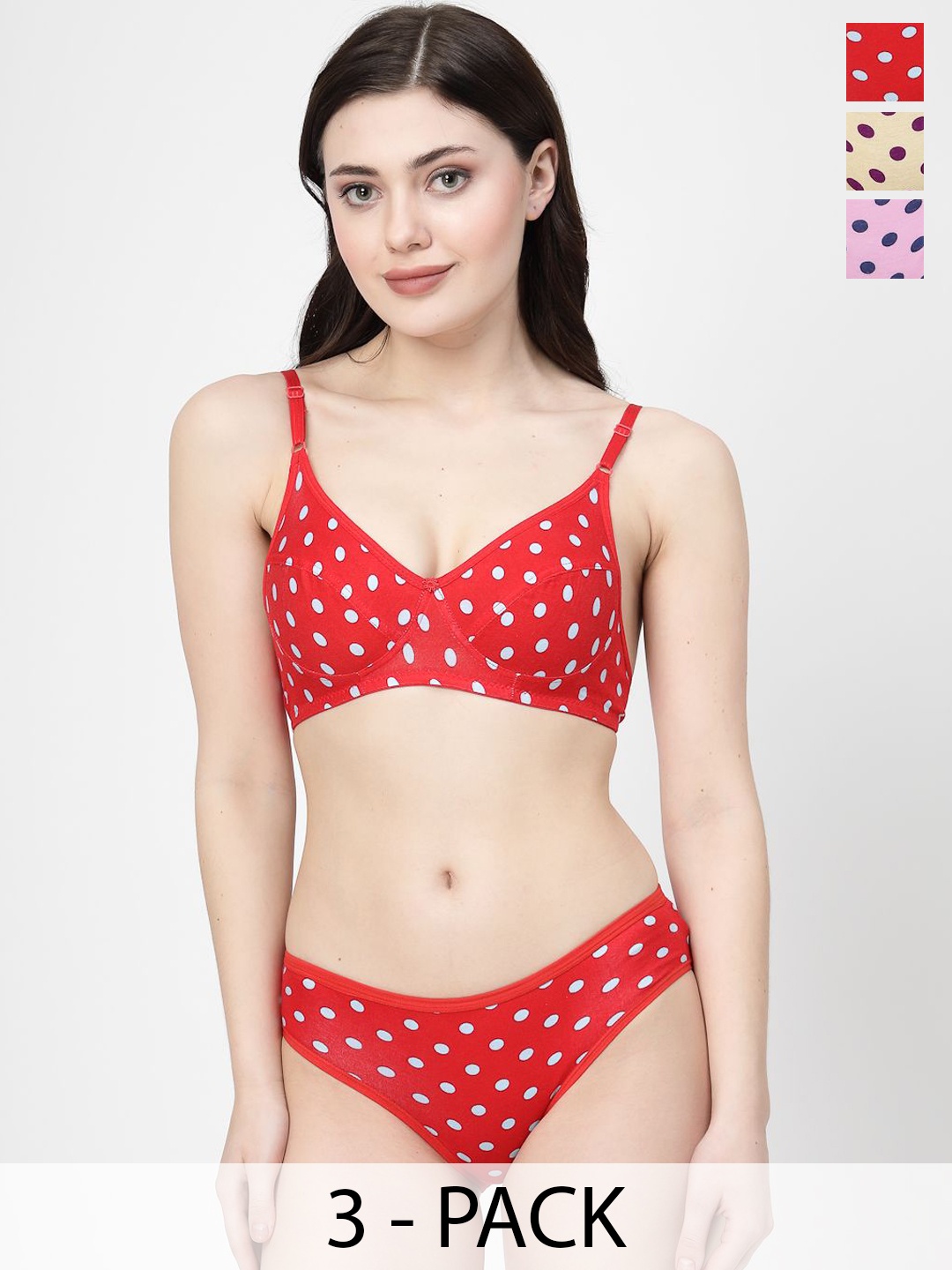 

Docare Pack Of 3 Printed Non-Padded Lingerie Set- YummySet-Red-Yellow-Pink