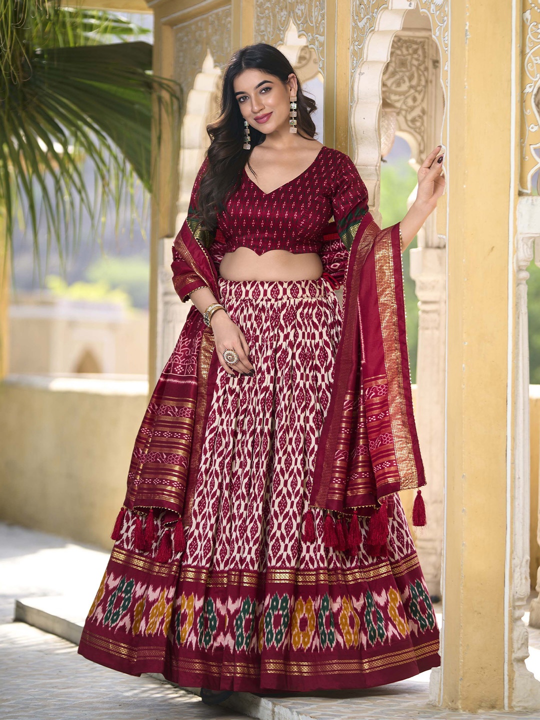 

LOOKNBOOK ART Printed Ikat Ready to Wear Lehenga & Unstitched Blouse With Dupatta, Maroon