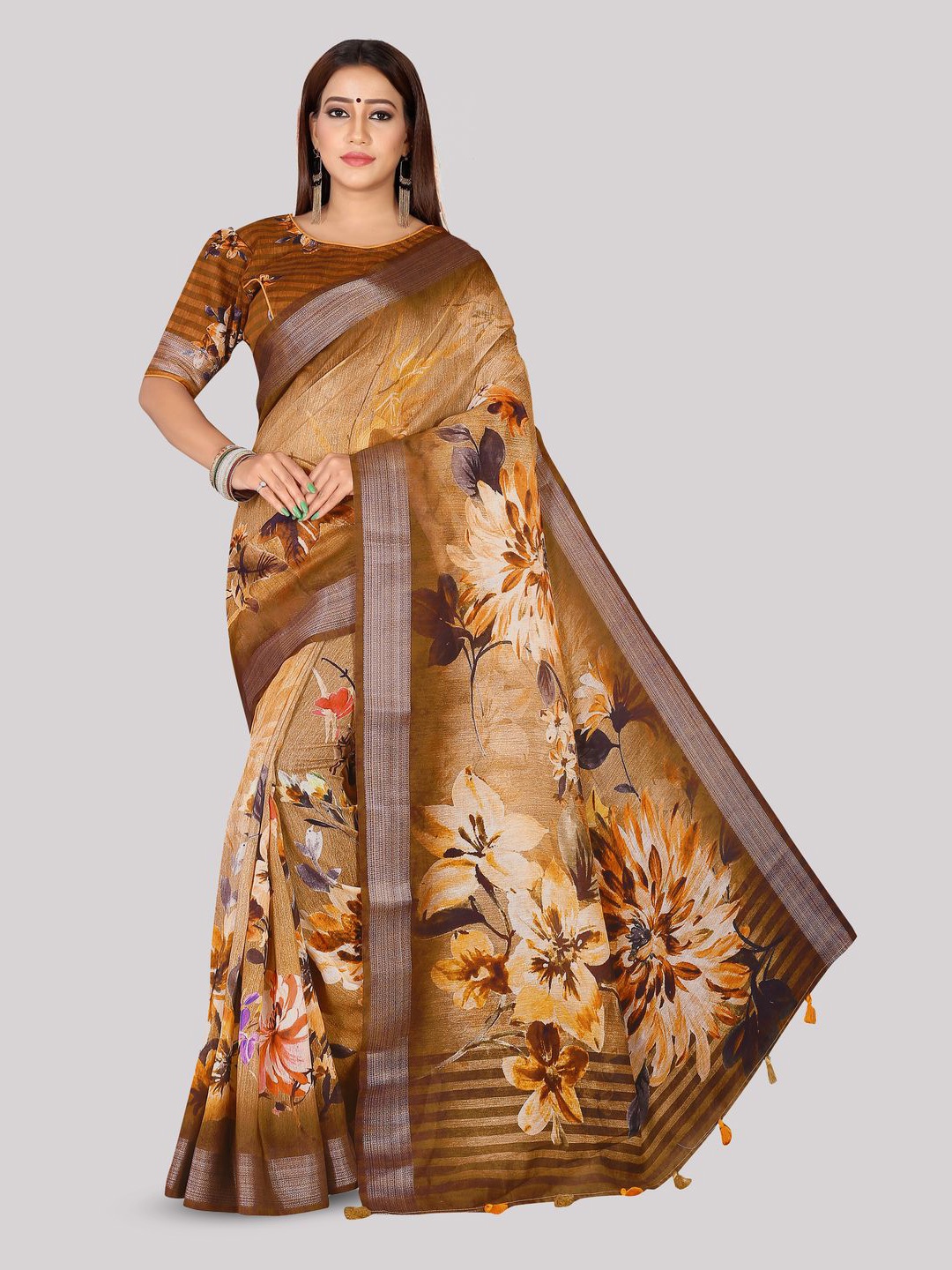 

Kaizen TEXO FAB Floral Printed Zari Khadi Saree, Brown