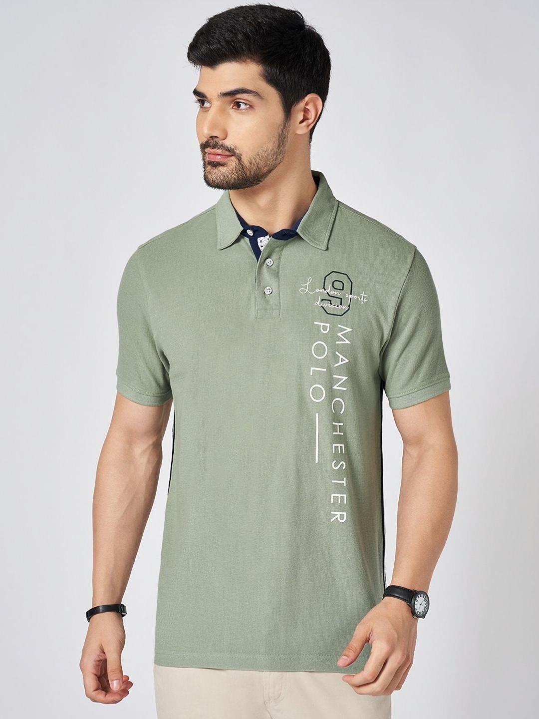 

BYFORD by Pantaloons Men Typography Printed Polo Collar Cotton Slim Fit T-Shirt, Green