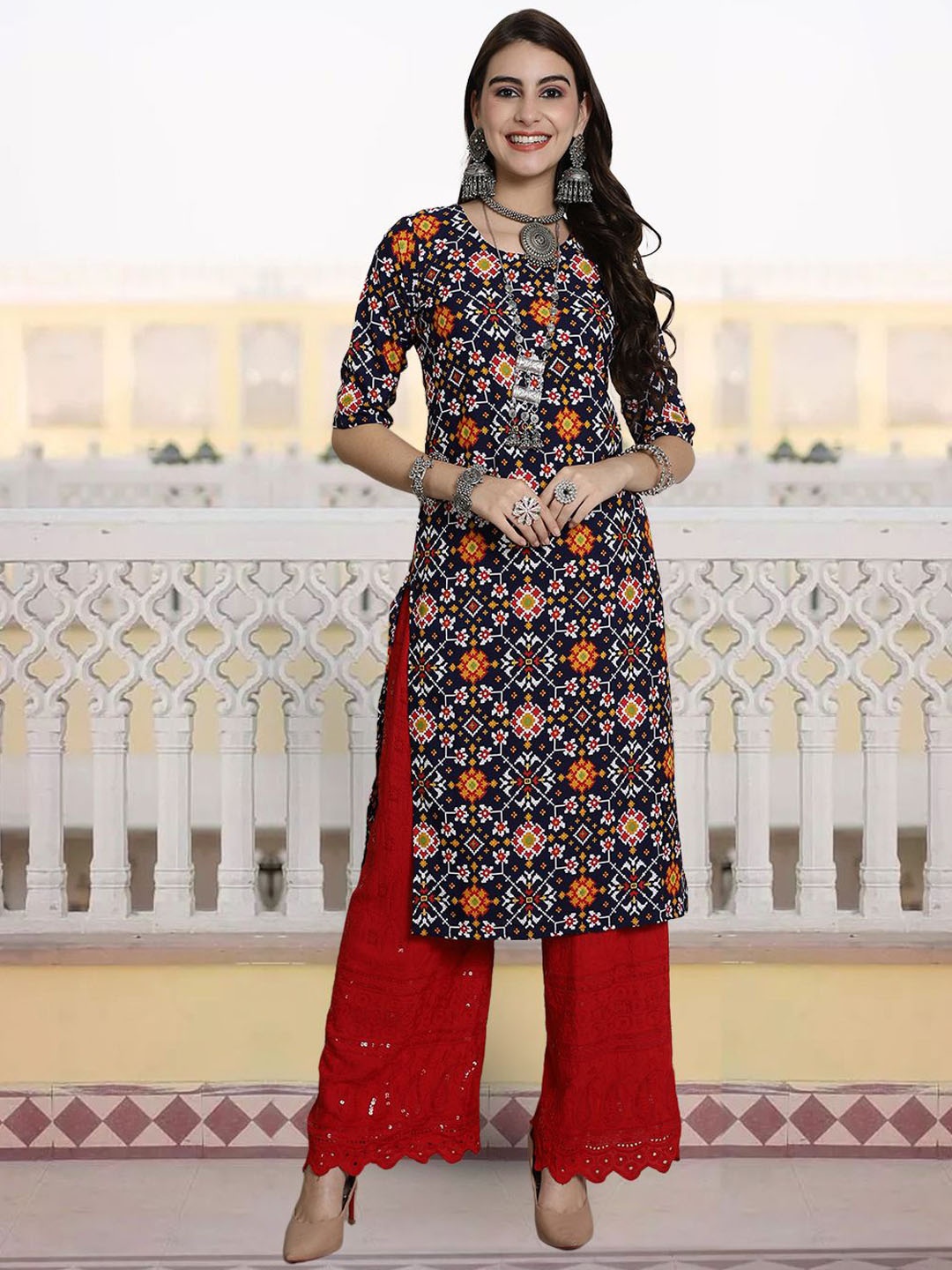 

7Threads Women Ethnic Motifs Printed Sequinned Floral Crepe Kurta, Multi