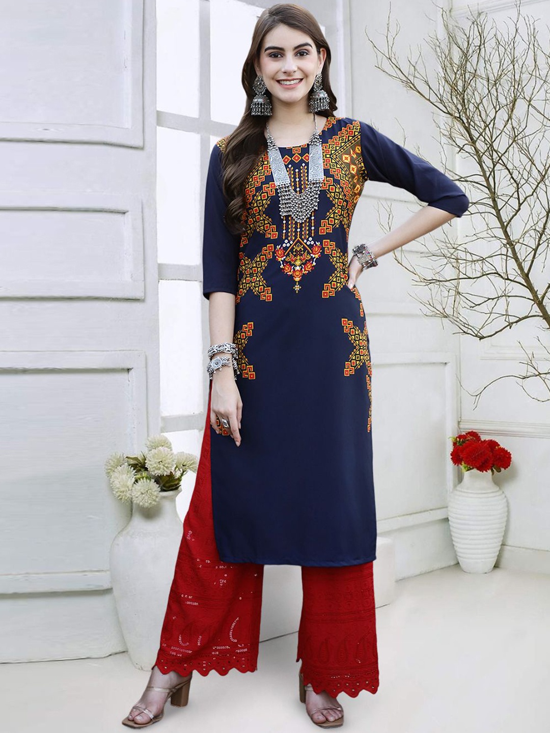

7Threads Women Embroidered Mirror Work Floral Crepe Kurta, Multi
