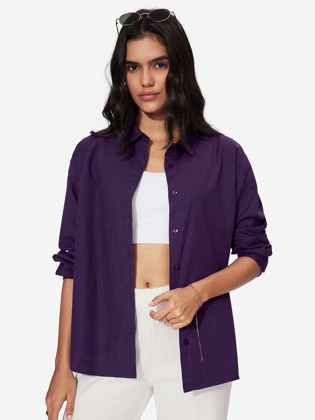 

The Souled Store Women Spread Collar Solid Cotton Oversized Casual Shirt, Purple