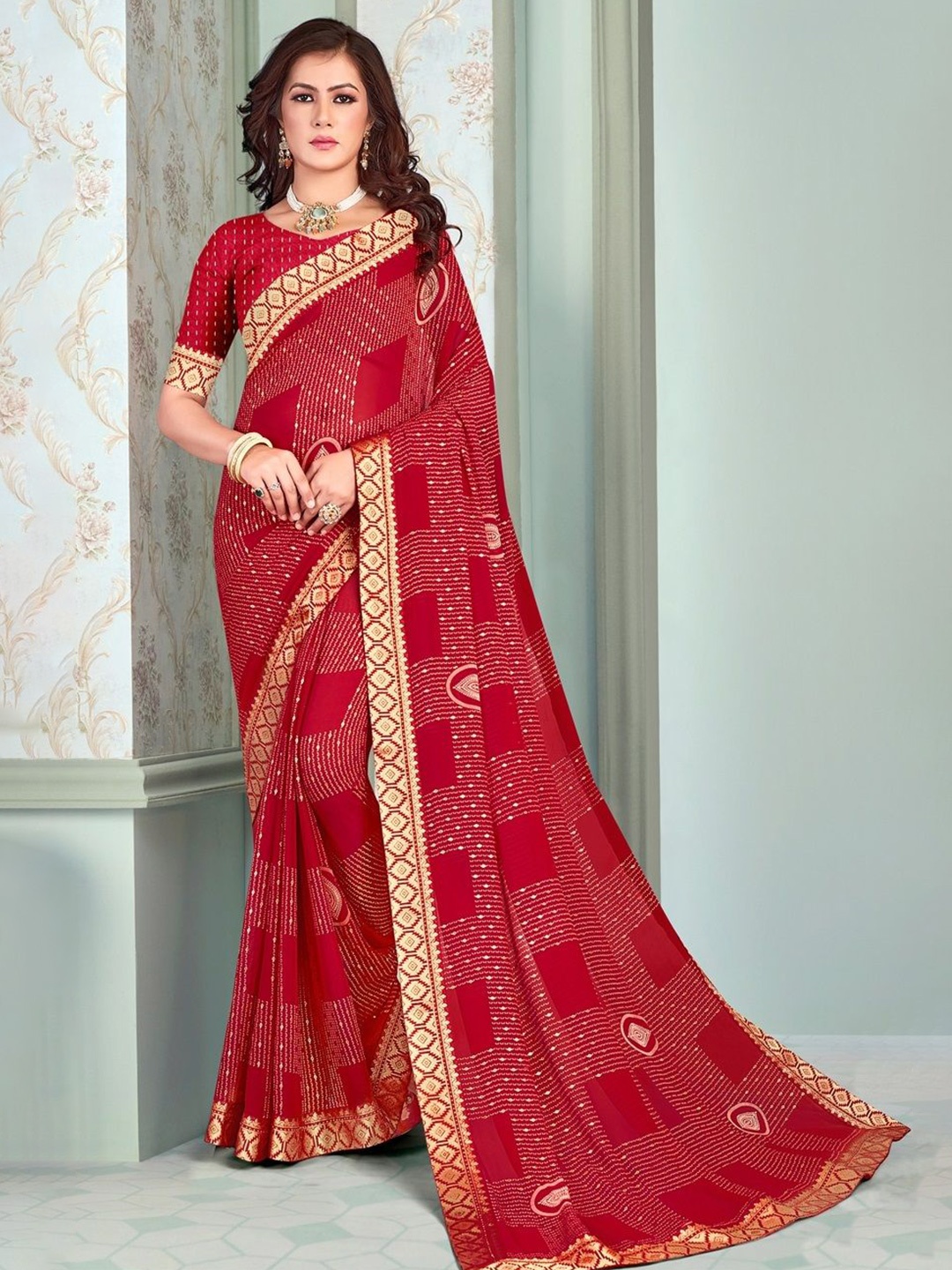 

Reboot Fashions Woven Design Pure Georgette Saree, Red