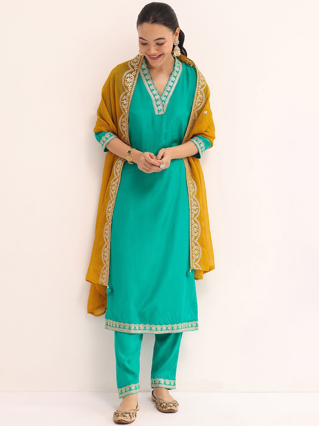 

KALKI Fashion Floral Yoke Design Kurta with Trousers & Dupatta, Green
