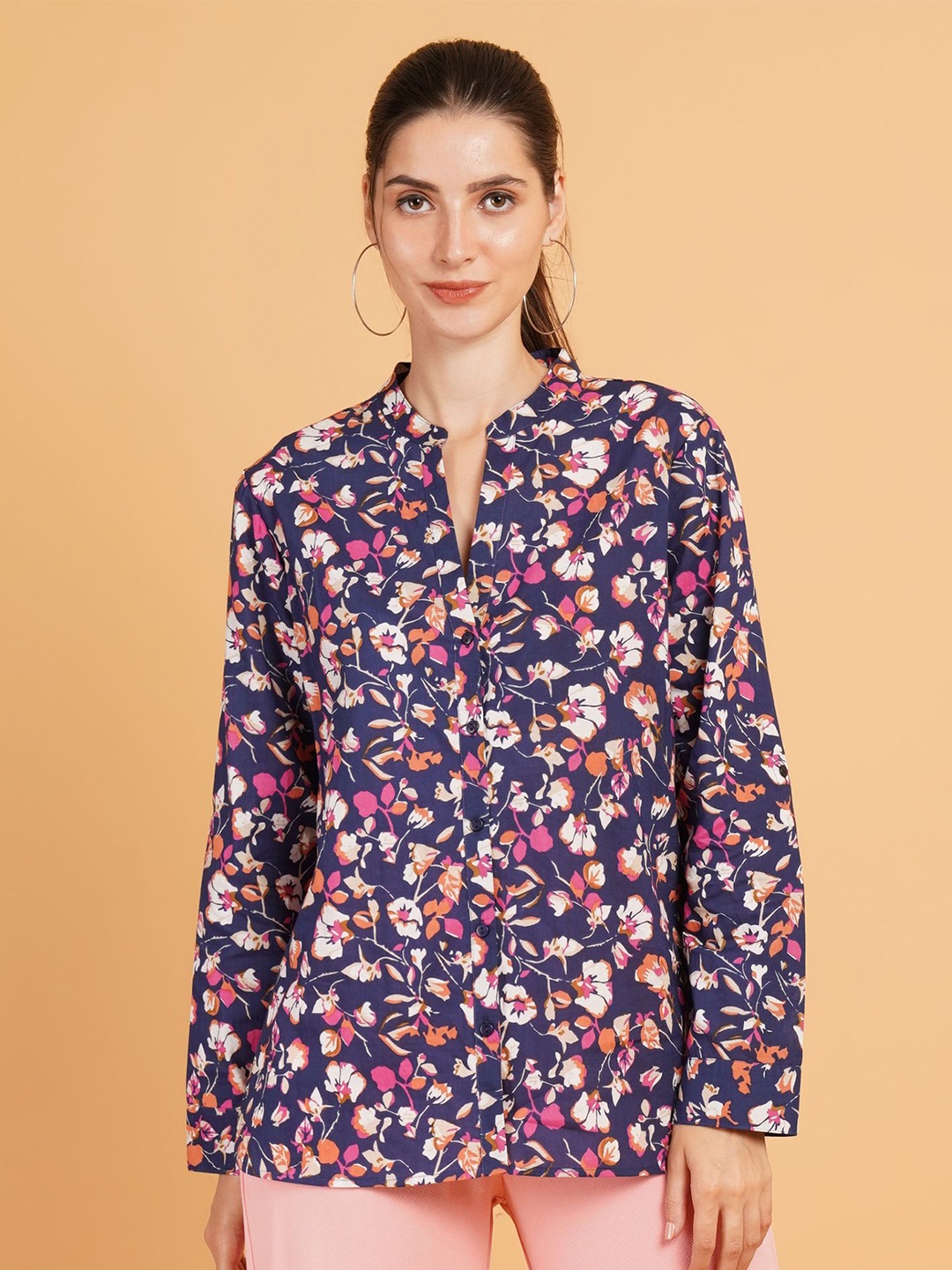 

IX IMPRESSION Women Relaxed Mandarin Collar Floral Printed Cotton Oversized Shirt, Navy blue