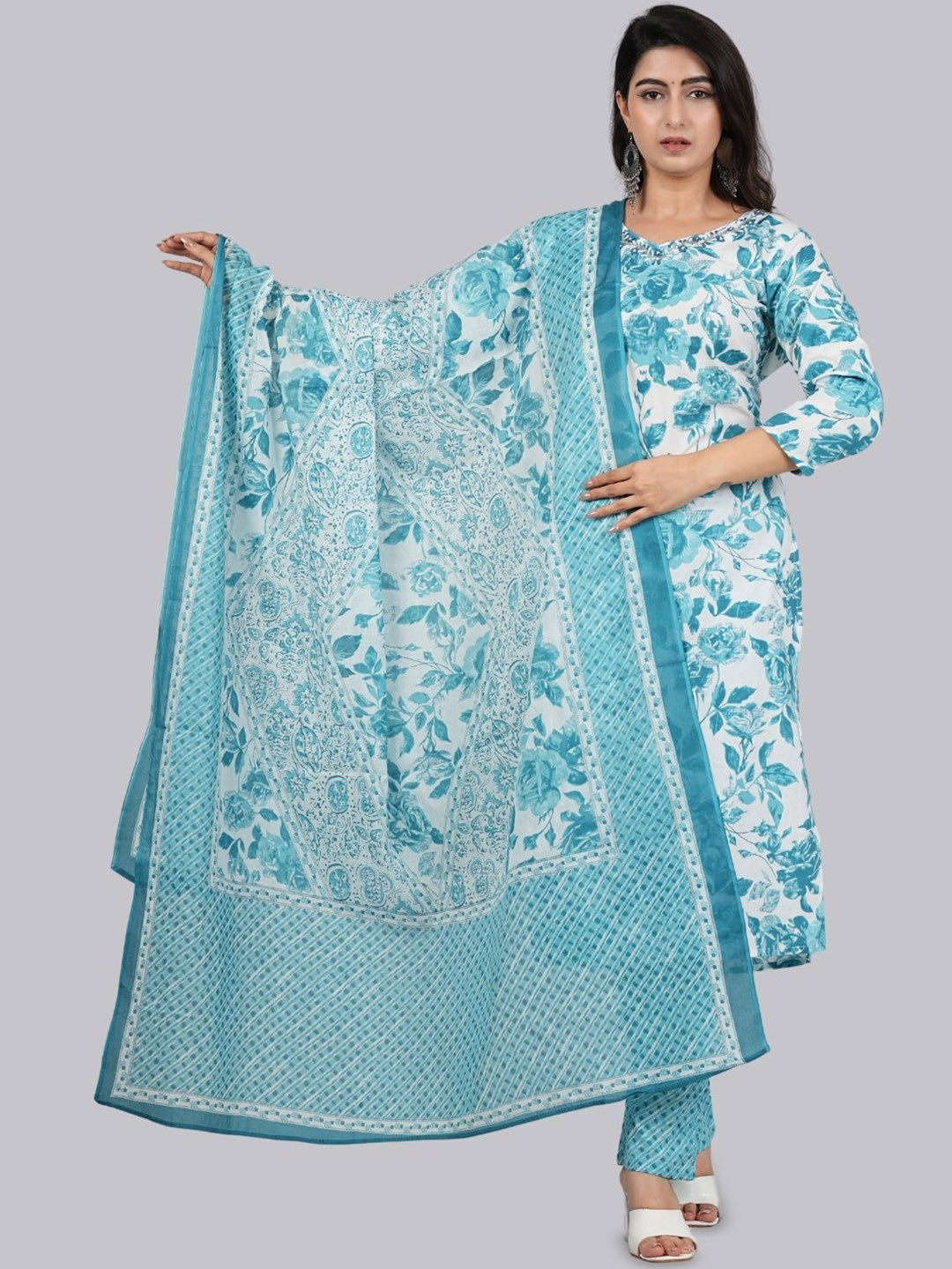 

Moktika Floral Printed Pure Cotton Straight Kurta with Trousers & With Dupatta, Blue